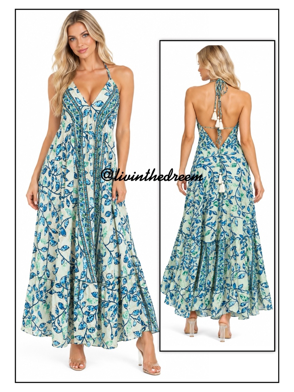 FLORAL HALTER DRESS MAXI LONG BOHO CHIC BOHEMIAN SUMMER BLUE Good FLARE RUFFLE